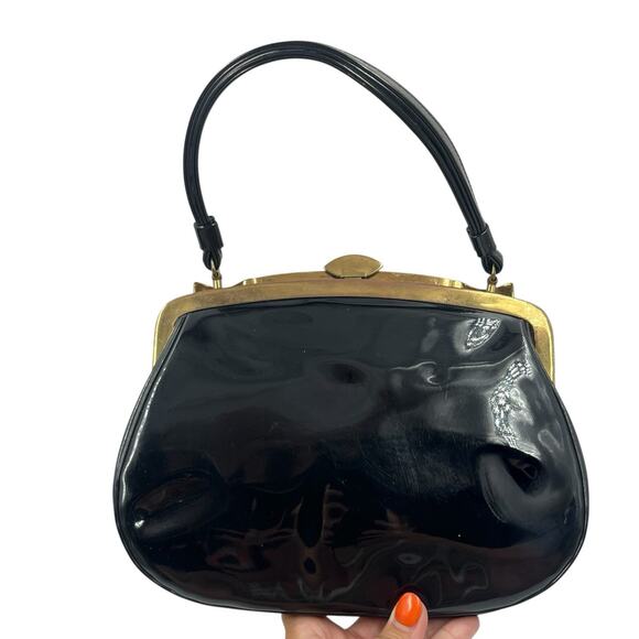 VTG 50s 60s CROWN LEWIS BLACK PATENT LEATHER PURSE TORTOISESHELL METAL FRAME GUC - Picture 2 of 3